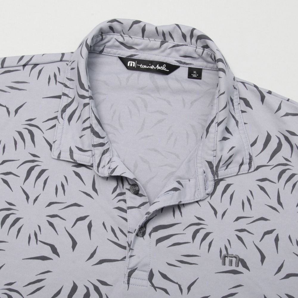 TravisMathew Men's XL Performance Polo Shirt Gray Black Palm Leaf Pattern Golf